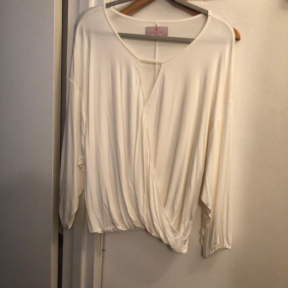 Laurie Felt blouse with soft draped sleeves and elastic on bottom of sleeves.